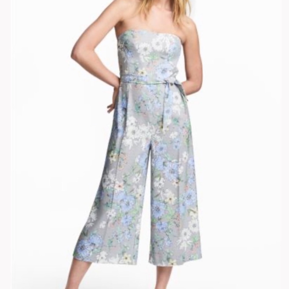 H&M Floral Strapless Wide Leg Jumpsuit with Tie Waist (size 12)